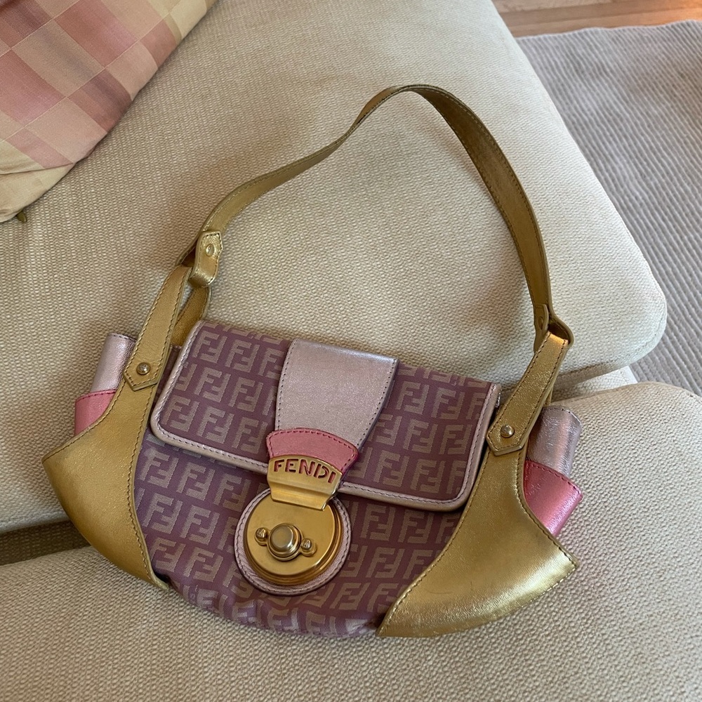 Vintage Fendi Pink and Gold Metallic Leather Borsa Tuc Baguette